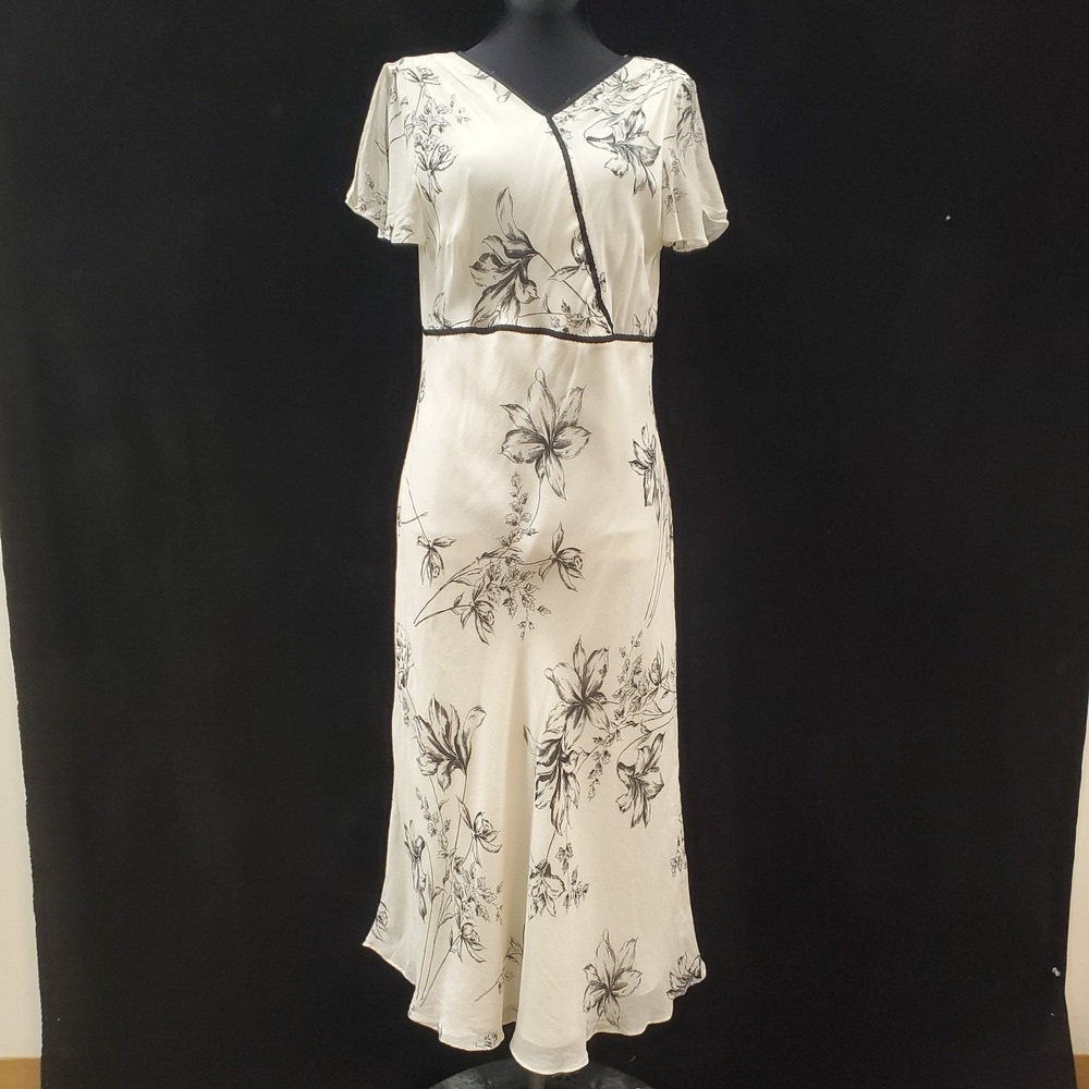Vtg Maggie London Silk Midi Dress Size 10 Asian Inspired Floral Lily Y2K White